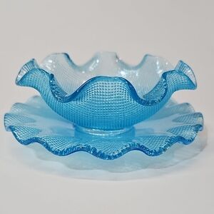 Vintage Colony Waffle Blue Fluted Glass Dessert Set Bowl+Plate